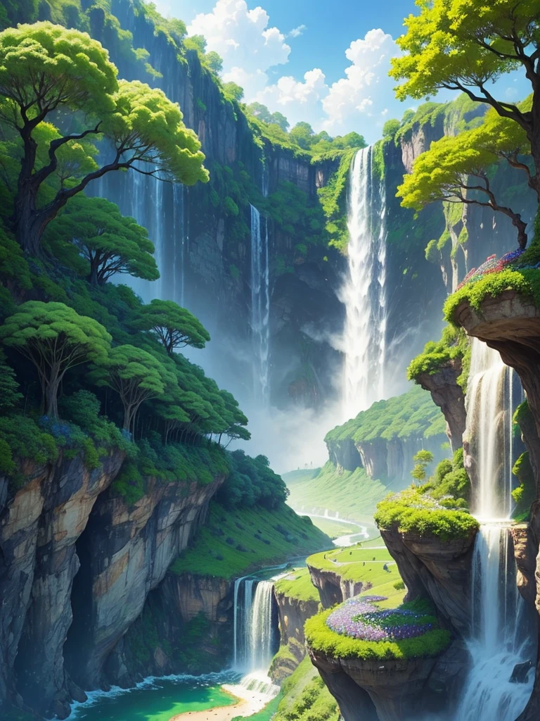 A super huge ginkgo tree stands in the middle of a super huge flower garden.，mysterious，Fantasy，Huge waterfall，Beautiful views，Great view，Clean river，Paradise，Dream world，There's a rainbow in the sky，Different world，romantic，perfection