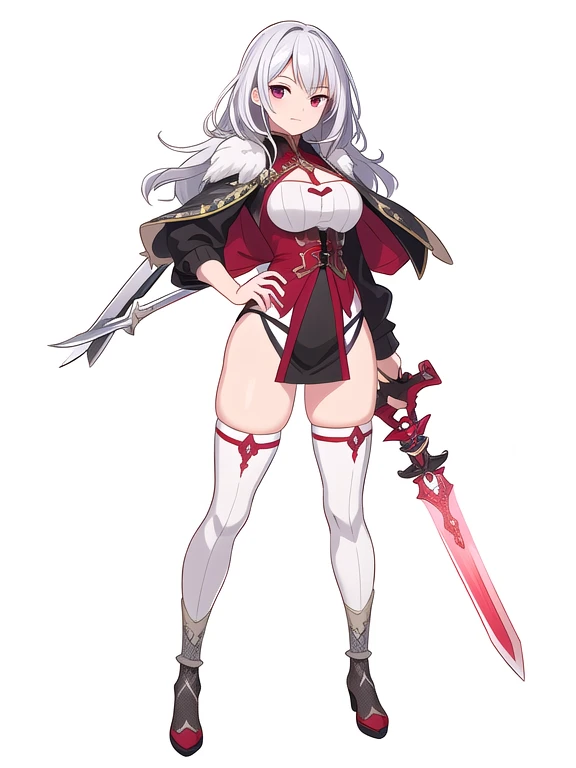 (((Best Quality))) , ((full body)), female, reference sheet, solo, (white background), thigh high, silver hair, dark red outfit, fantasy outfit, sword,