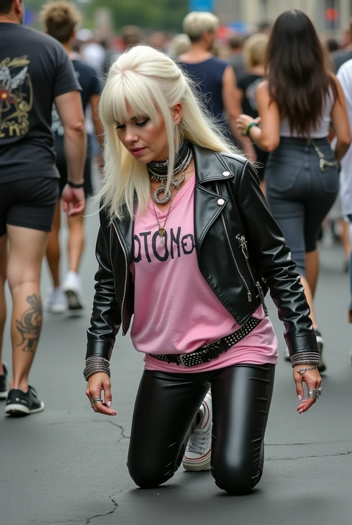 Busty old russian milf, platinum blonde hair, long, and straight with a fringe, with very light blue eyes, pale, lots of makeup. Wearing black moto jacket with popped up collar, long rock band t-shirt, black shiny leggings and white tennis sneakers. Big loop earrings. Wide tacky belt with big tacky buckle, dog collars, lots of rings and studded bracelets. Big loop earrings.Tattoos .Full body, kneeling and praying in the street. Seen from above,