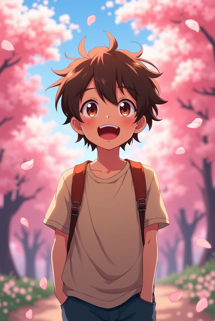 A ager with brown hair. He has brown skin and brown eyes. The image will be pulled towards the anime style. He is happy in the image and do not show obvious use of ai.