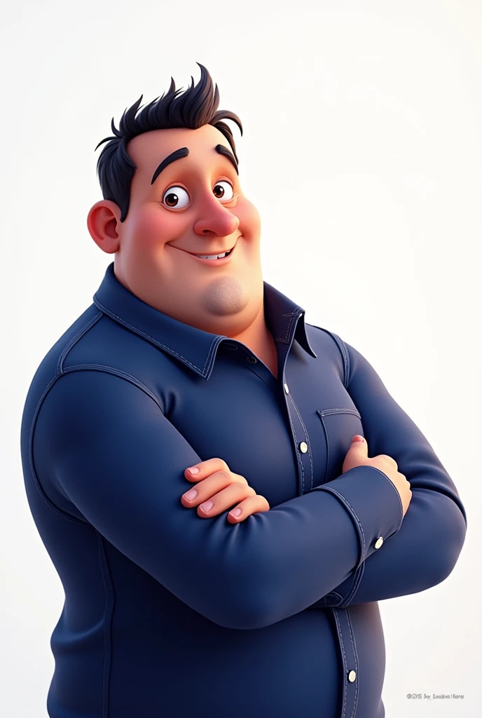 Cartoon character of a man in a blue shirt, brunette skin, very little black hair, 45 knots and 115 kg animated character, stylized character, animation style rendering, 3d stylized, Arnold Maya rendering, Stylized 3D rendering, toon render screenshot, 3d character, 3d character, Stylized 3D rendering, 3D character rendering, cartoon character, Personagem de close up, character posing,  (Pixar-style) (master part:1.2) (bokeh) (best qualityer) (skin detailed) (detailed texture) (8k) (Argilla) (cinematic lighting) (sharp focus