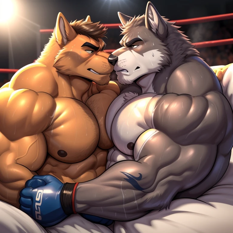 Duo male(Brown Wolf vs Gray Wolf), handsomes(handsome hairstyle, Thick eyebrows, detailed face), gay(Lying down, cuddling, body with body, wrestling at each other, face to face, kissing each other, on a private bed match), hot(Shirtless), handsomes(They are handsomes, correct anatomy), musculosos(Big muscle bodies, Six packs, muscle abs, big pecs), sweaty(very sweaty wet bodies, shiny sweat), tatuajes(they have tattoos), grumpy(Both have an grumpy expression, grumpy teeths, steaming breath), UFC gloves(They both are wearing UFC gloves), Hight resolution, by(Zourik:1.1)