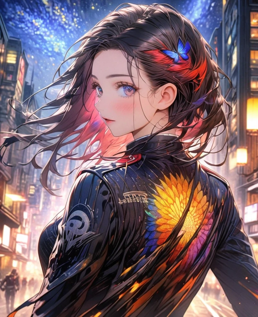 8k,Vibrant beauty，Very delicate and beautiful,Beautiful and realistic skin,Black Hair、Long and colorful hair,Beautiful Eyes,Beautiful starry night、Combat Uniform、assassin、City of night、uniform、whole body