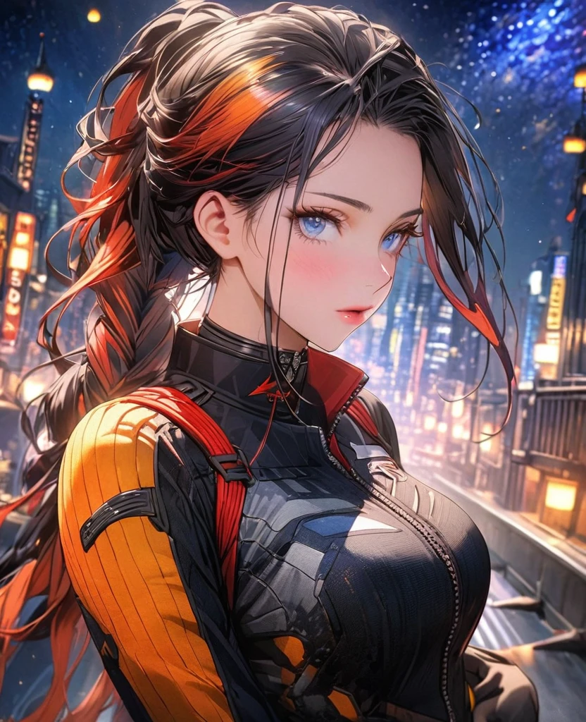 8k,Vibrant beauty，Very delicate and beautiful,Beautiful and realistic skin,Black Hair、Long and colorful hair,Beautiful Eyes,Beautiful starry night、Combat Uniform、assassin、City of night、uniform、whole body