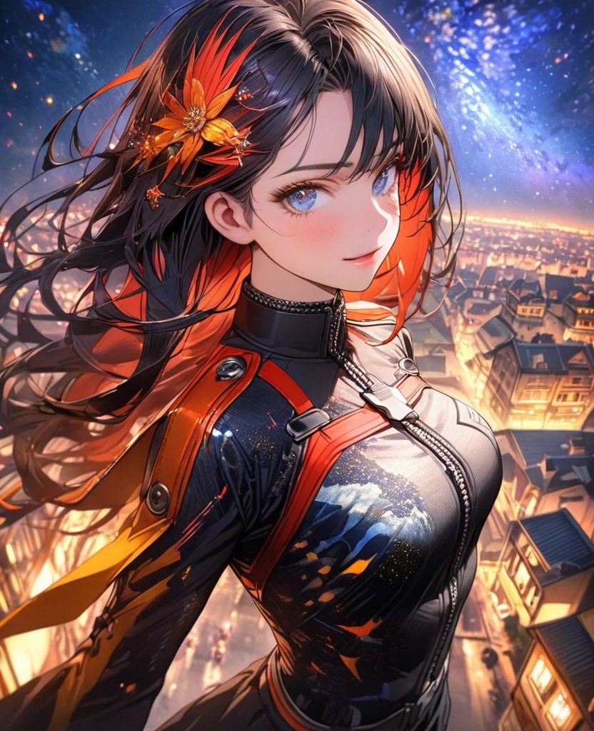 8k,Vibrant beauty,Very delicate and beautiful,Beautiful and realistic skin,Black Hair、Long and colorful hair,Beautiful Eyes,Beautiful starry night、Combat Uniform、assassin、City of night、uniform、whole body