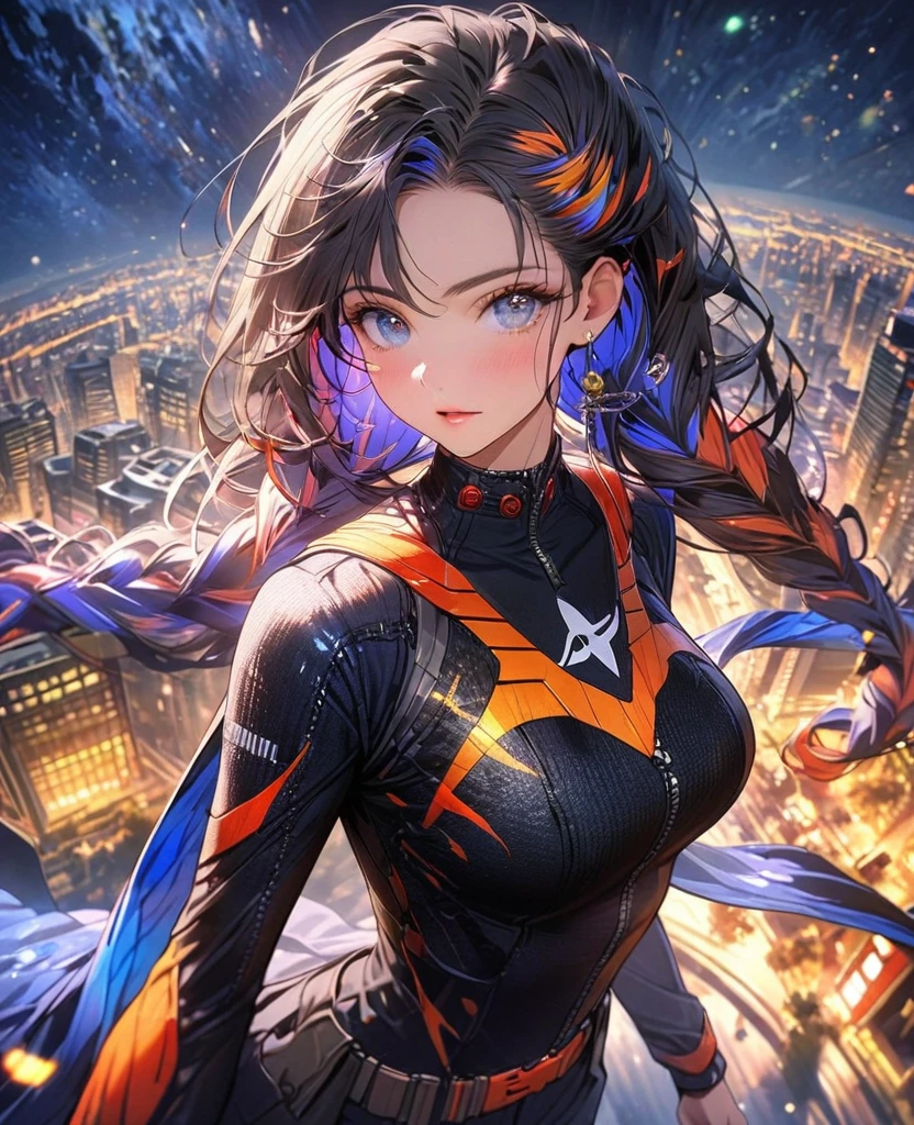 8k,Vibrant beauty,Very delicate and beautiful,Beautiful and realistic skin,Black Hair、Long and colorful hair,Beautiful Eyes,Beautiful starry night、Combat Uniform、assassin、City of night、uniform、whole body