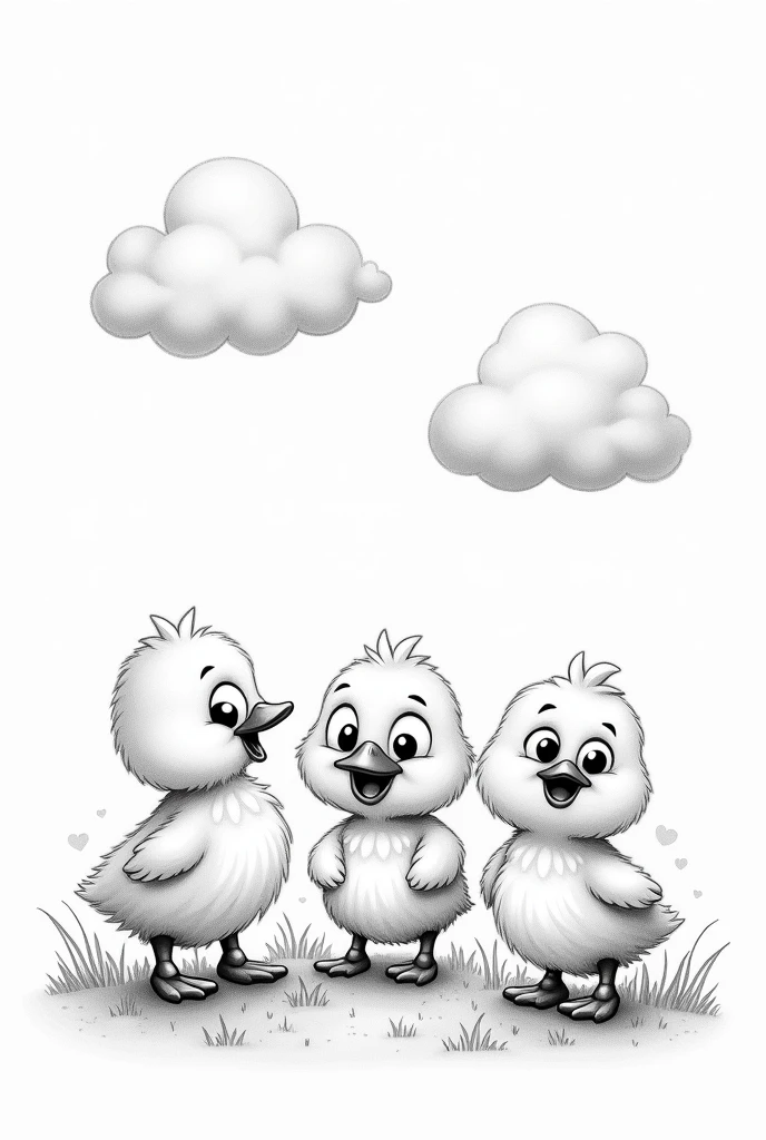A black and white drawing of very cute baby ducks with big, round eyes and a sky with clouds, like cartoon characters. 