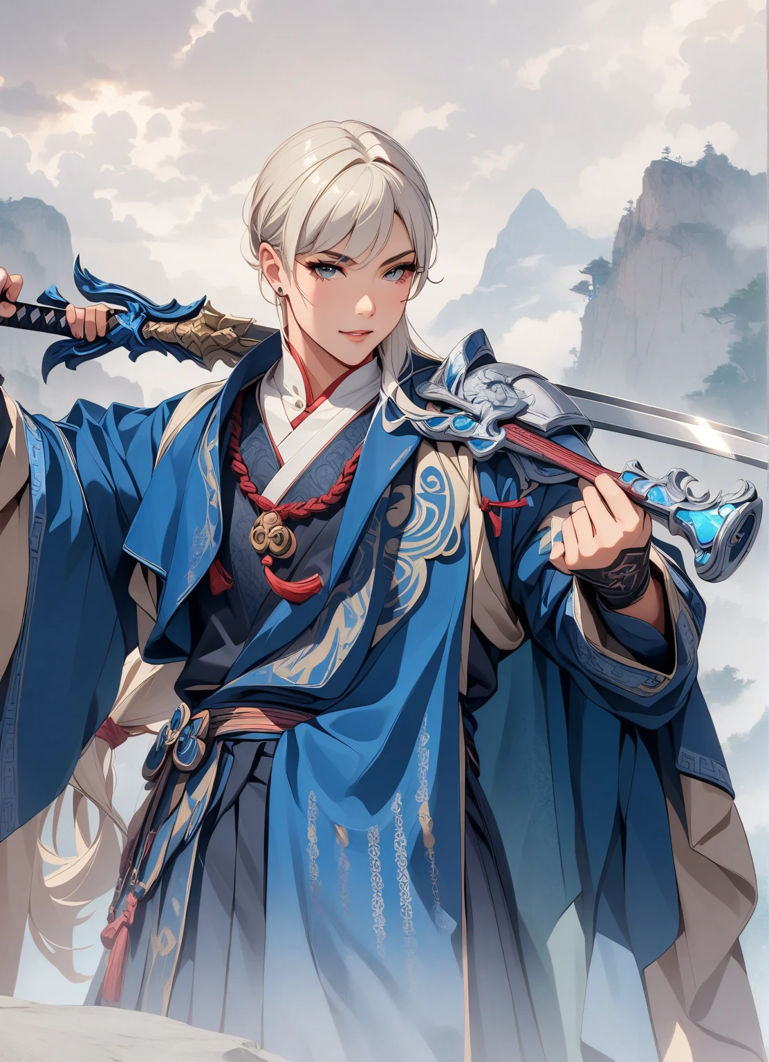 anime character dressed in blue holding a sword and a sword, zhao yun, heise jinyao, inspired by Guan Daosheng, inspired by Bian Shoumin, inspired by Zhao Yuan, cai xukun, inspirado em Hong Ren, inspired by Dong Yuan, g liulian art style, inspired by Zhang Han, chinese fantasy, inspired by Cao Zhibai