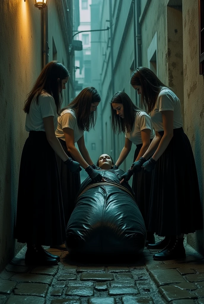 Group of girls with long black skirts tying a corpse in a black bag