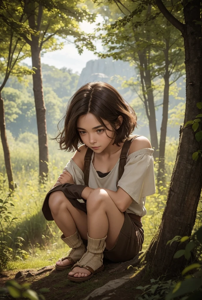 "A single female character in a medieval style. She has short, shoulder-length hair. She has a youthful appearance, looking like she is in her late teens, but is in fact 30 years old. She has a bright, lively attitude, with an energetic, cheerful expression. Her face has an androgynous feel, almost boyish, with soft, youthful features. Her hair is short and practical, with a natural brown color. She is slender, with a small chest and short stature. Her outfit is practical and resembles that of a country boy, consisting of shorts and a simple shirt, in a natural earth color palette. The background should be a lush, forested landscape. The background should be strongly blurred."