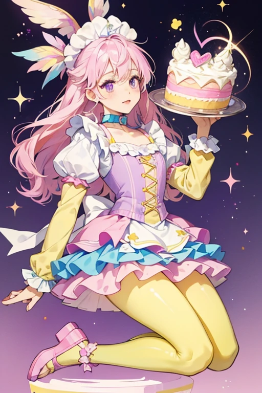 Rainbow Kate has a fair complexion with light purple eyes, light purple freckles, and pale pink lips. Her curly purple, light blue, pink, and yellow hair is worn loose with straight across bangs. She wears a blue top with a pink heart on it, along with yellow ruffled sleeves and collar. Her two layer skirt is pink on top with tiny colorful dots, while the second layer of the skirt is rainbow striped to match her hair. She wears light blue sandals with a yellow platform sole that has a pink stylized heel, along with lilac tights. On the top of her head is a puffy yellow chef hat with pink icing next to a white iced cake with pink, purple, and yellow inside. SPARKLE; GLITTER