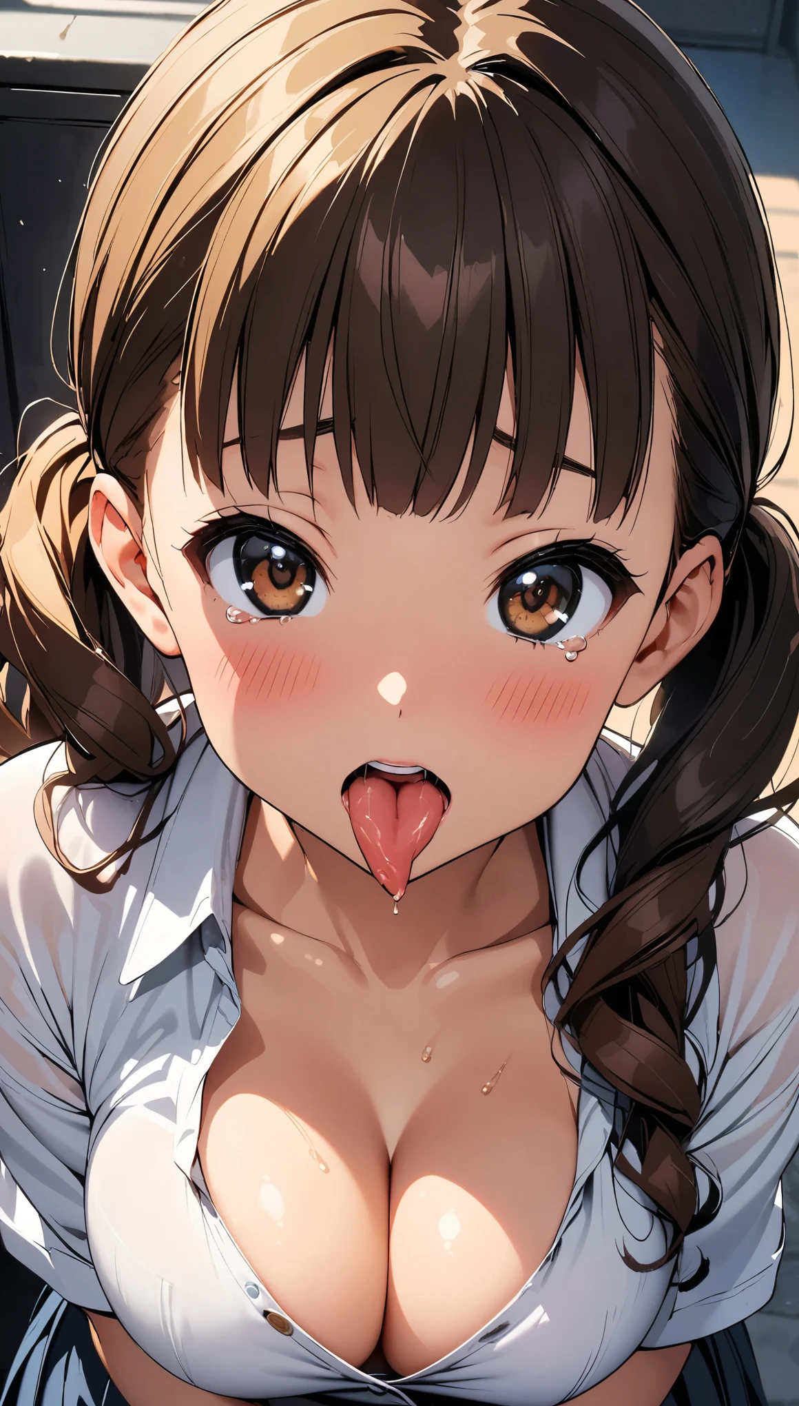 (1girl, wakaouji ichigo, K-On!), beautiful detailed eyes, black eyes, tareme, (opened big mouth, licking, Sticky tongue), nsfw, (close-up mouth), (curvy, Slender),(cleavage), from above, Highest quality, Super detailed, masterpiece, Ultra-high resolution, 8k, Embarrassing, blush, Lovely, (With tears in my eyes), Sticky saliva