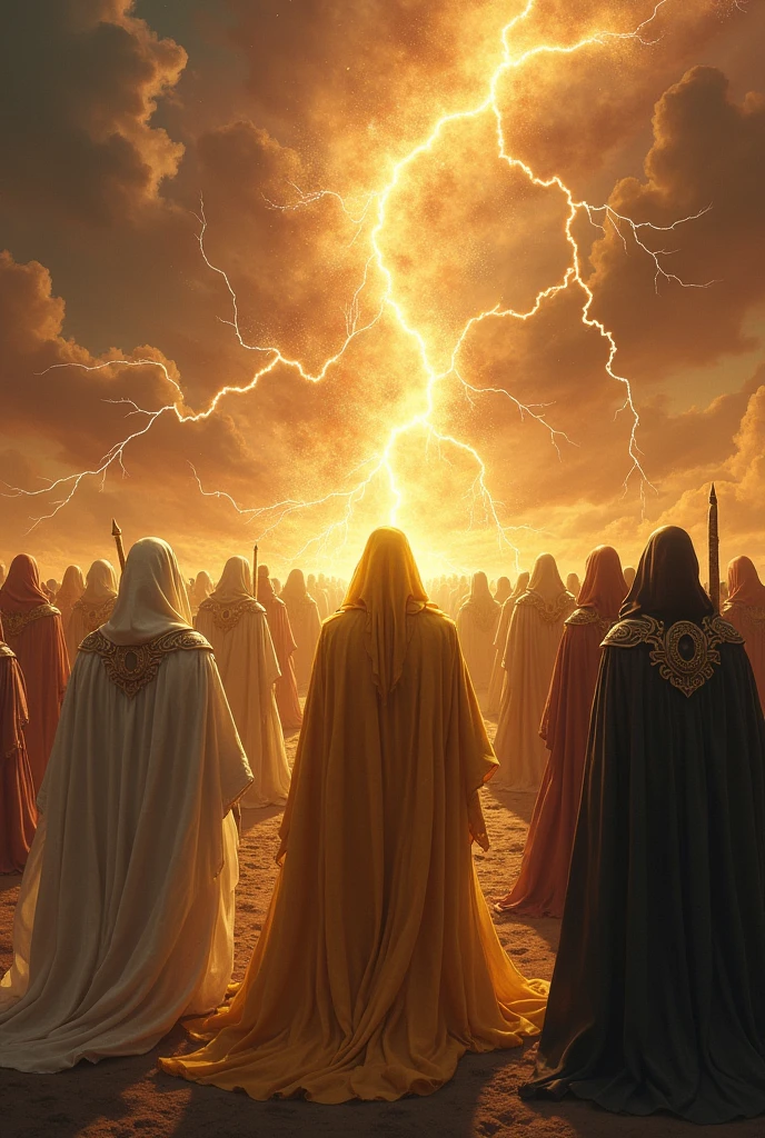 Wage a battle with an army of men in gold and white robes with energy powers , fighting against an army of dark beings with black robes and dark energy powers