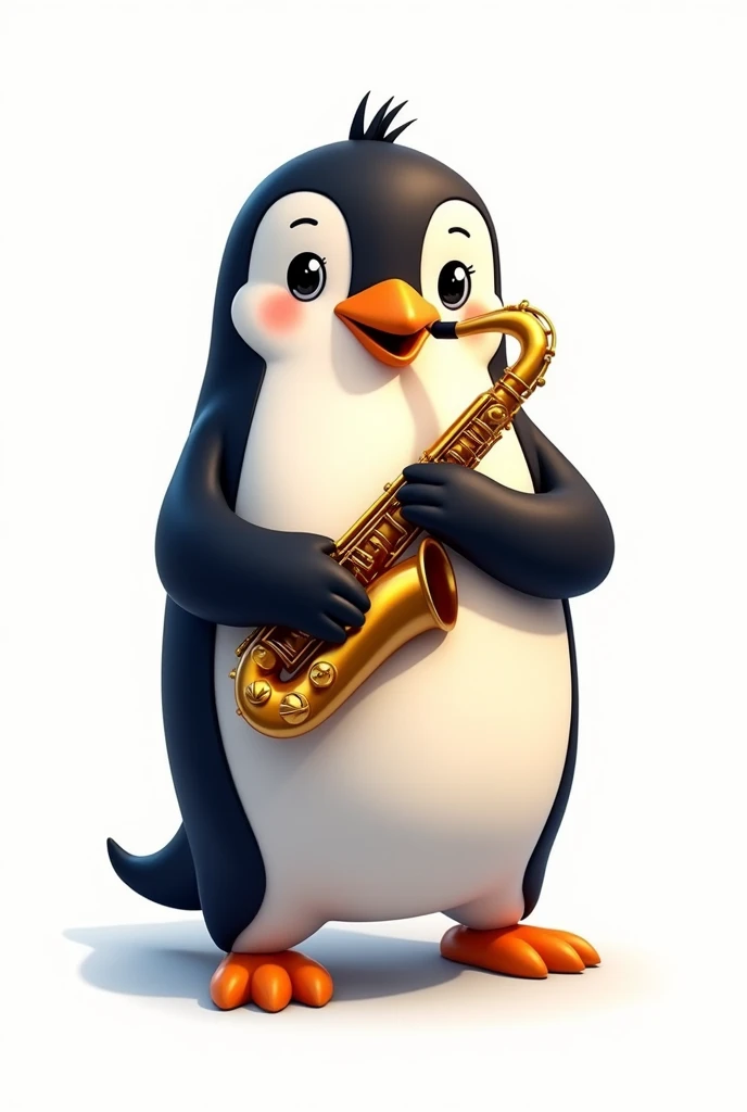Penguin drawn on a white background holding a saxophone with its flippers
