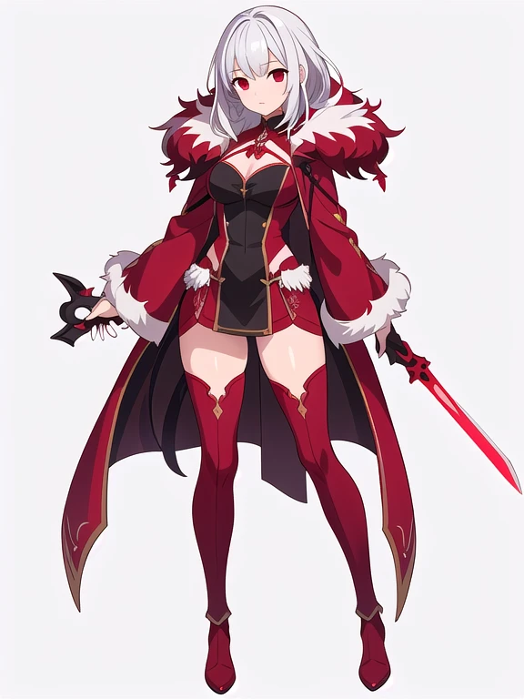(((Best Quality))) , ((full body)), female, reference sheet, solo, (white background), thigh high, silver hair, dark red outfit, fantasy outfit, sword, fur,