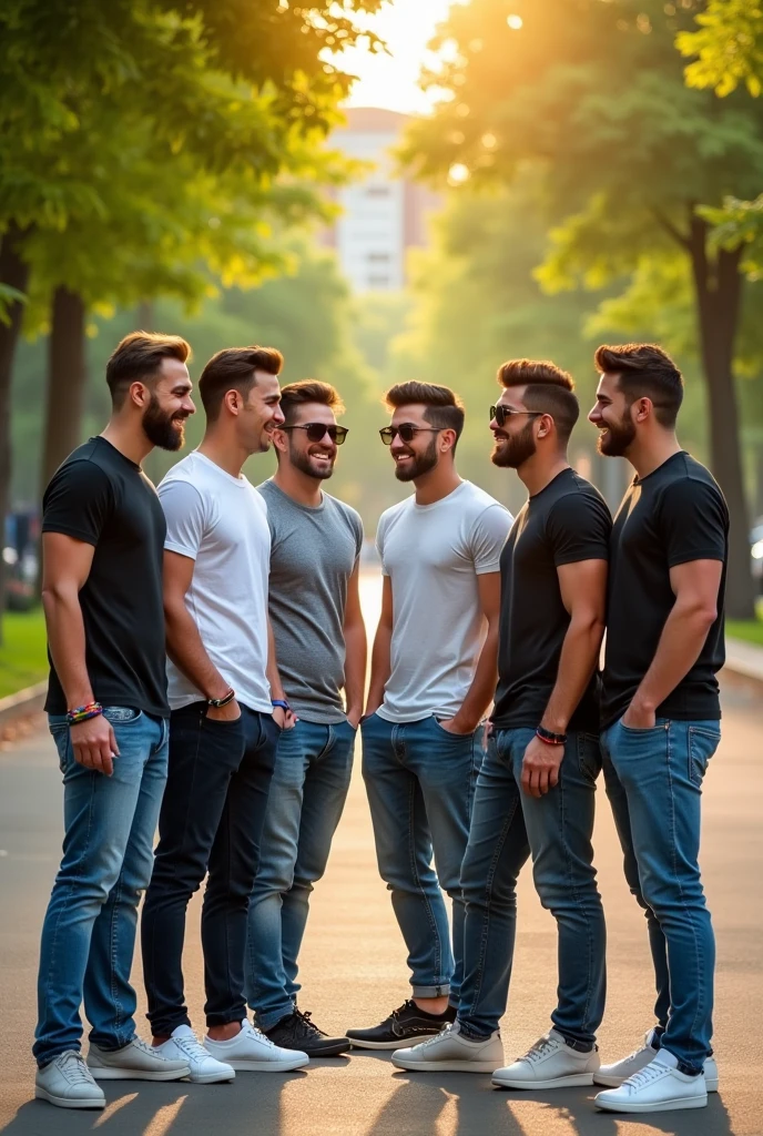 Create an image of 7 handsome and muscular guys dressed casually, all aged between 24 and 30. 