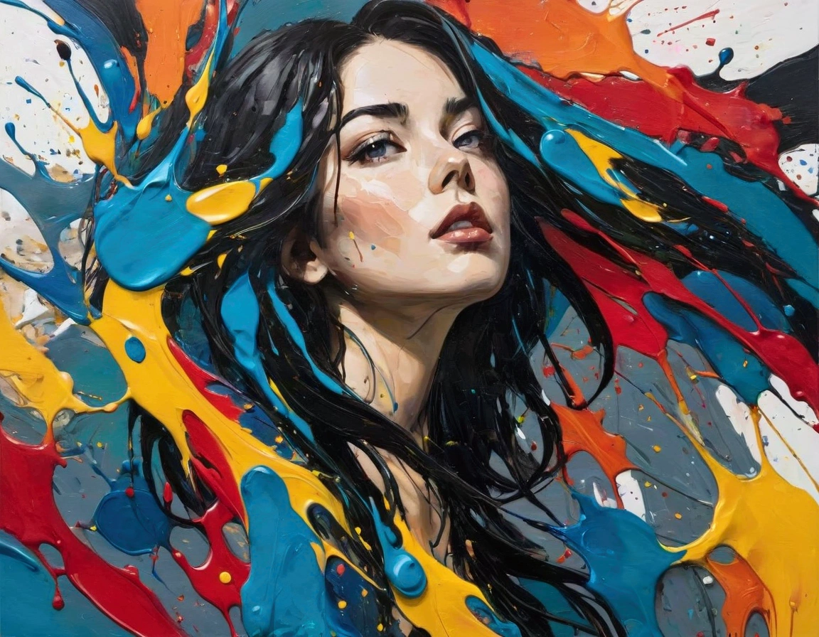 (best quality, oil painting, fancy, sharp focus), Jackson Pollock, portrait Painting, (Splash and drip art minimalism:1.1), canvas white background, studio, style painting magic, splash art, ((white background)), contour, Expressive Strokes: The brushstrokes are visible and expressive, contributing to the painting's emotional intensity. Thick, impasto strokes add texture and depth. sexy lady contour