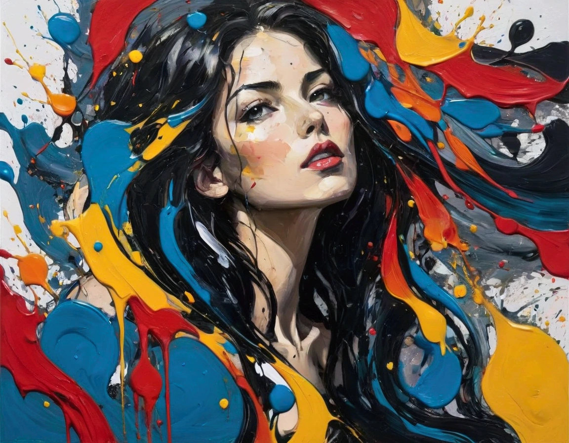 (best quality, oil painting, fancy, sharp focus), Jackson Pollock, portrait Painting, (Splash and drip art minimalism:1.1), canvas white background, studio, style painting magic, splash art, ((white background)), contour, Expressive Strokes: The brushstrokes are visible and expressive, contributing to the painting's emotional intensity. Thick, impasto strokes add texture and depth. sexy lady contour