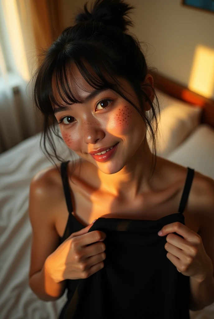 (photorealism:1.2), shoot from the upper angle, inside apartment, bed in the background, golden hour, beautiful woman, freckles on face, pale white skin, jet black hair, ponytail without bangs, short ponytail, black eyes, black milkmaid dress, warm color, cheerful face, youthful face, holding a black shirt