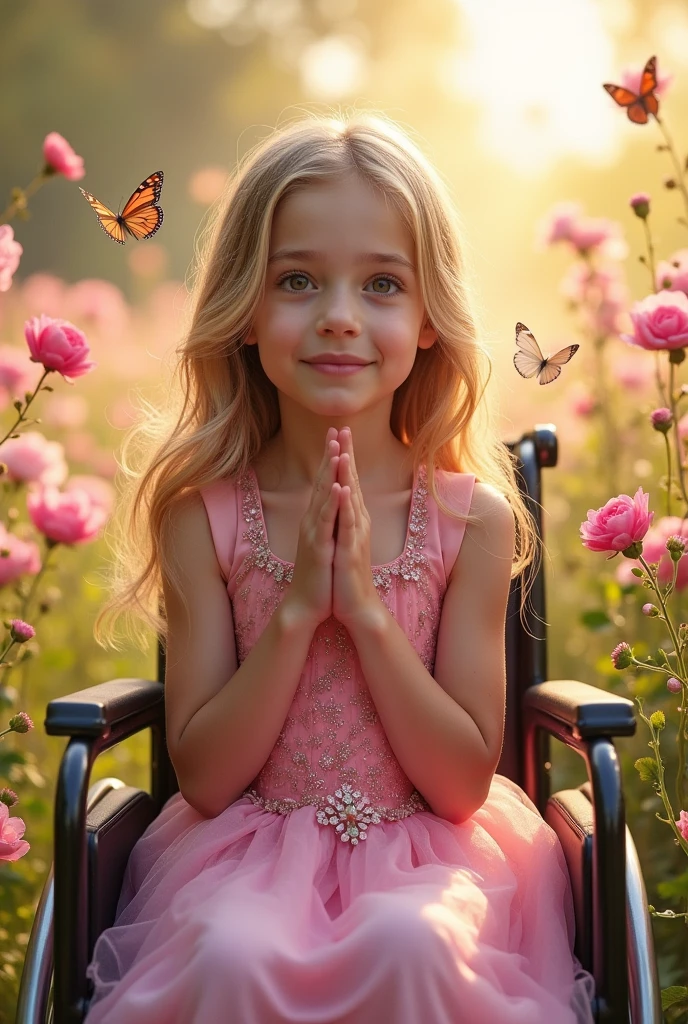 ,eyes browns, blonde,Russian,pretty, Linda,wearing a pink princess dress,praying sitting in the wheelchair, flower garden behind. 