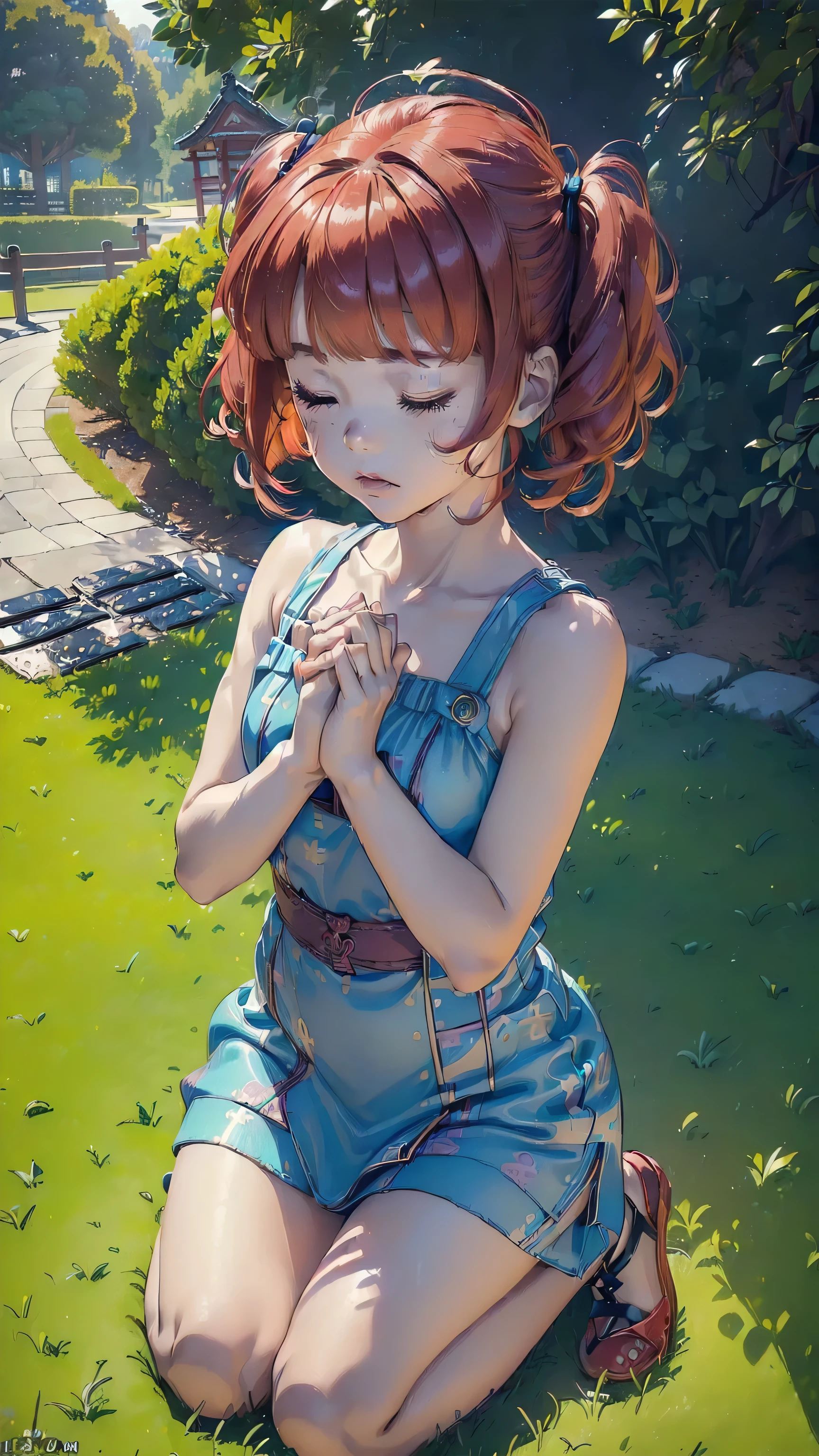 ((top quality, ultra-detailed, high resolution, extremely detailed CG, unity 8k wallpaper, by famous artist, perfect anatomy, super detailed skin, cinematic lighting, UHD, retina, anatomically correct, 1080P)), (Please draw a single one girl praying to God in a japanese park1.3), ((1girl)), (Solo, face,13-year-old:2.0), a junior high school student, ((cute petit girl, chibi, babyface)) androgynous charm, (Medium hair, ((full red hair)) ((redhead)), pigtails, straight bangs, with a bow in her hair, ((very thin legs)), ((skinny legs, thin body, small build)), Full limbs, complete fingers, ((perfect fingers and hands)), flat chest, small breasts, childish body, small butt, groin, Beautiful detailed full yellow gold eyes, perfect eyes, ((cute kawaii blue and pink dress)) (Detailed Lighting), ((japanese park background)), (Detailed scenary background), (praying to God)), full body view, Cute, kawaii single girl (one girl), full body shot, ((little young 13 years old body:1.3)), ((kneeling with eyes closed and hands as a sign of prayers:1.3)), ((long skirt)), ((shoes)), ((hands praying)), ((five fingers for each hand:1.3)), ((red hair girl:1.3)), ((straight bangs:1.3)), ((inocent tender girl:1.3))