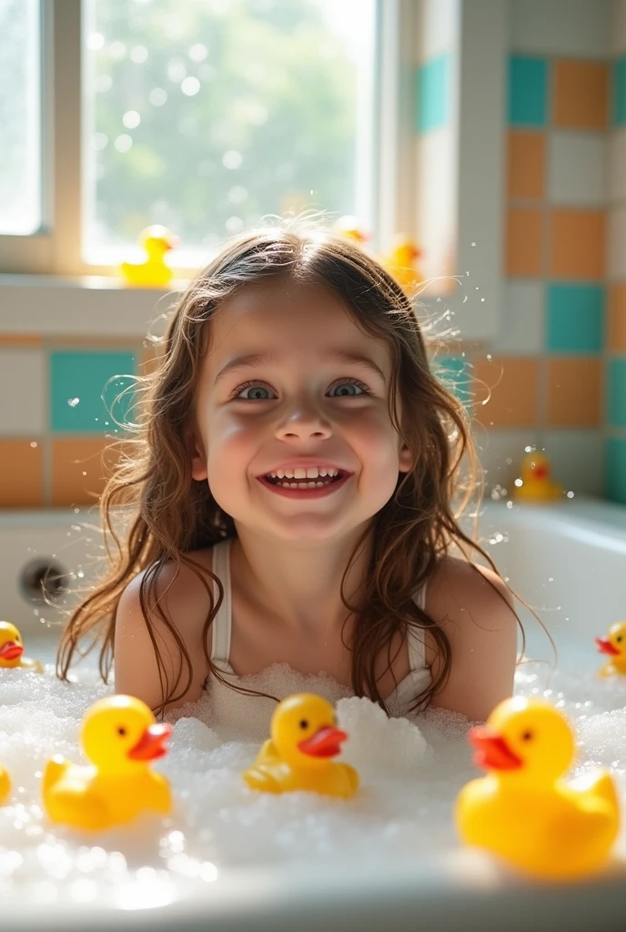 Third grade school girl taking a bath