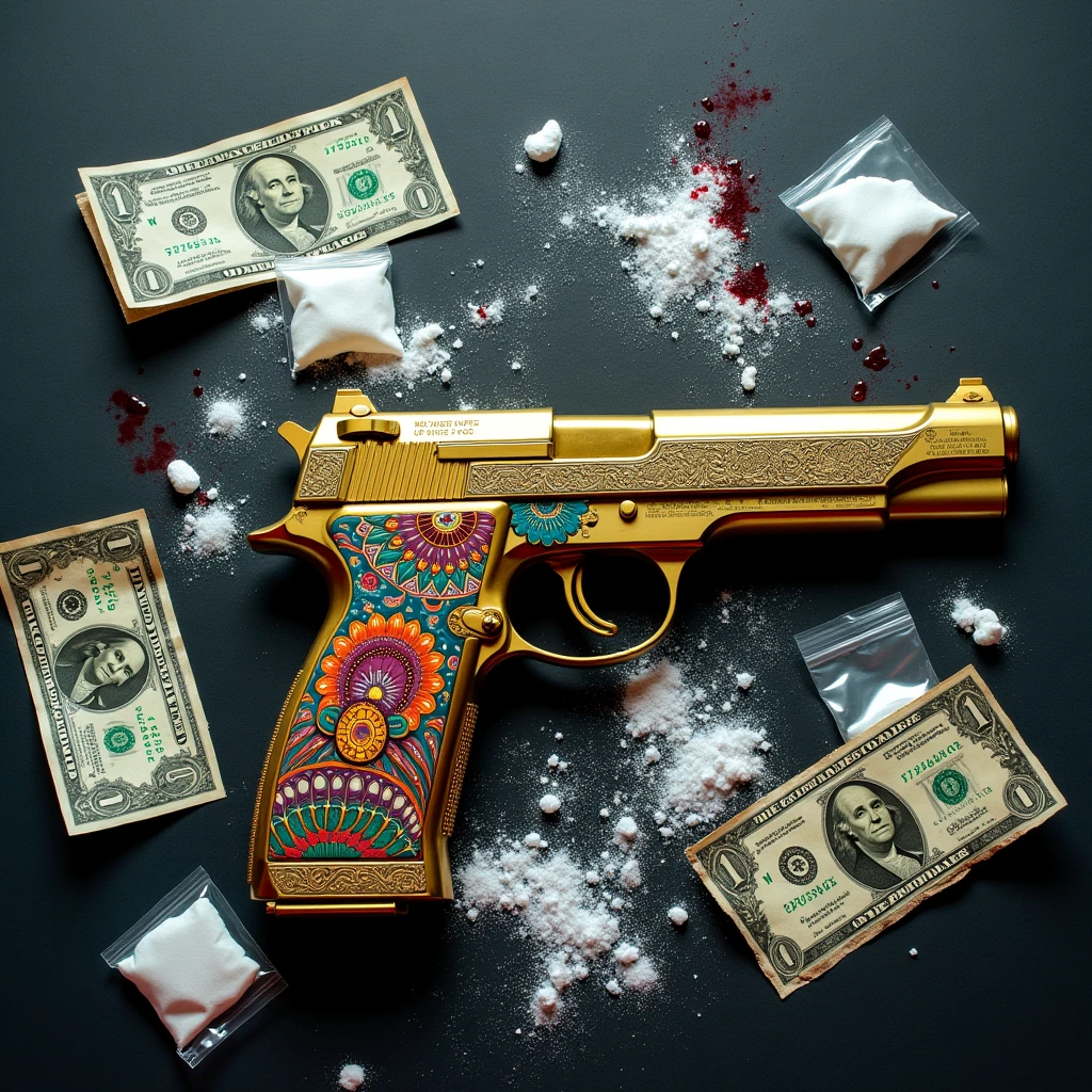 Grunge table flat lay top view, with dollars (a few dents or tears), a golden desert eagle with Mexican mandala details, several lines of cocaine, small bags of cocaine torn apart. Blood and cocaine scattered around the scene (some blood under a few dollar bills).