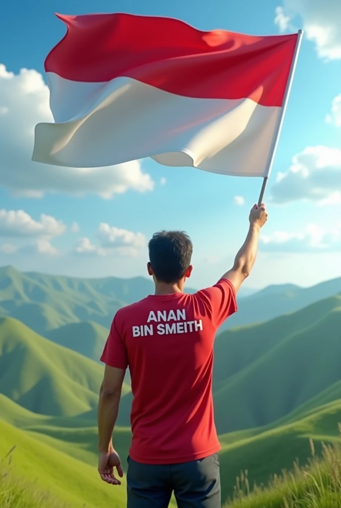 3d realistic of an adult man holding an Indonesian flag, wearing a red shirt with the name ANAN BIN SMEITH on the back, facing backwards, on the hillside.