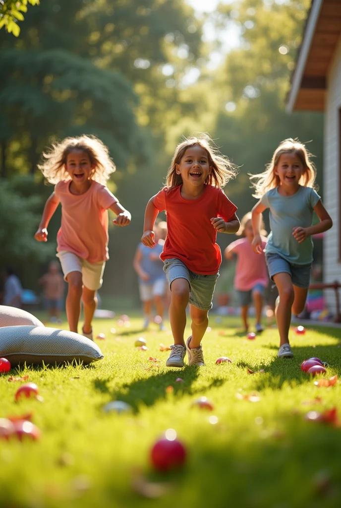 The family continues the game, moving through different areas of the house or yard, filled with joy.