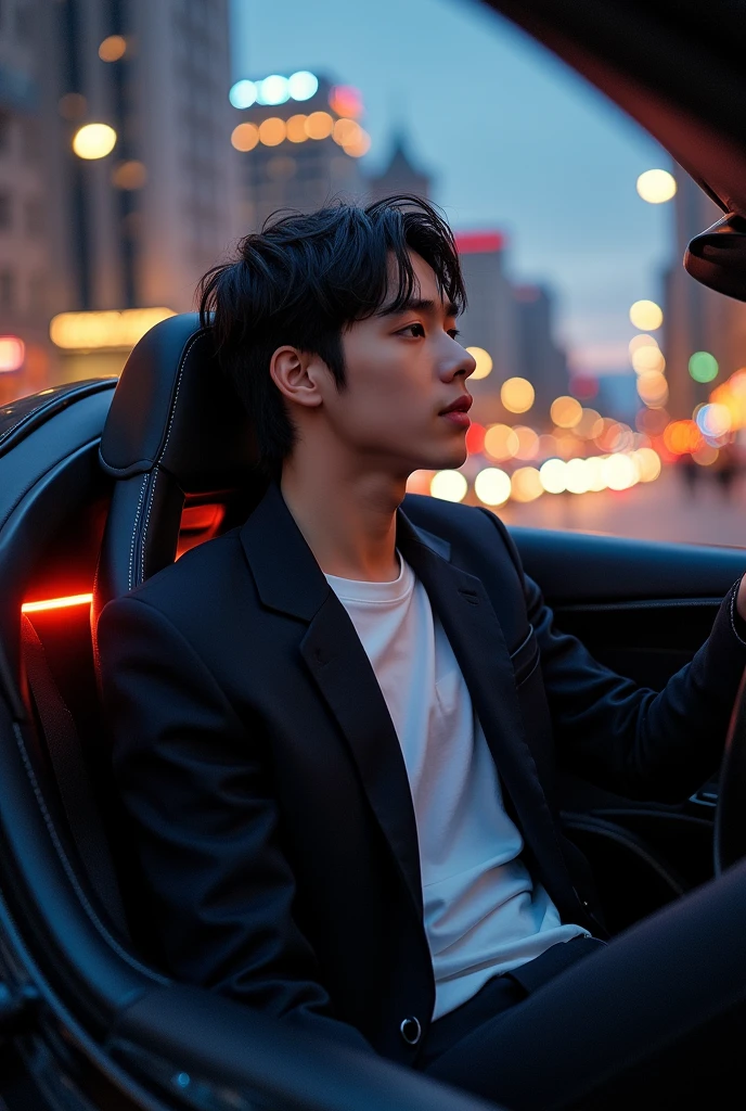 Make a picture of a man similar to BTS&#39;s Jungkook in a car 