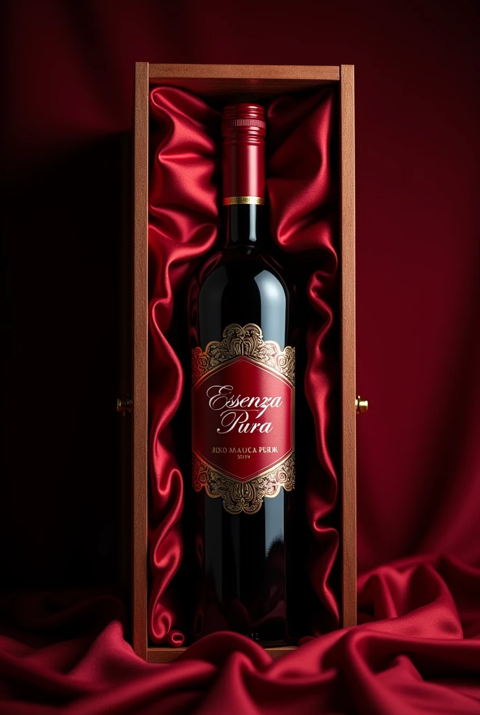 Create a bottle of wine Its packaging has a red color and some details. This wine will be sold to legal entities, so it has to be something very elegant. The sticker has to say &quot;pure essence&quot; in Italian.