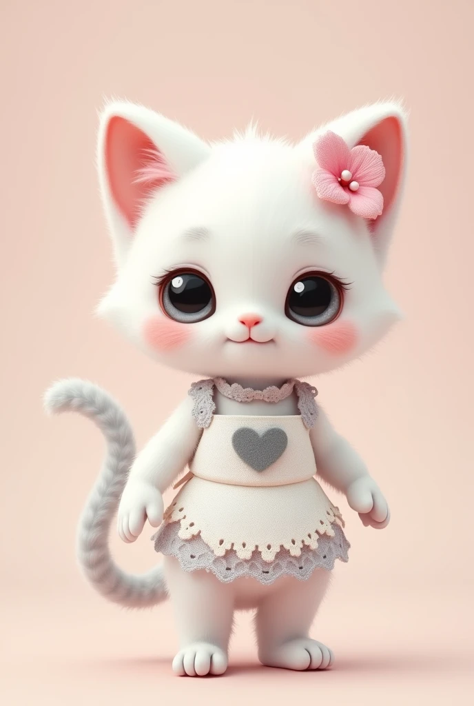 very cute slender white female cat, pink flowers on her ears, standing and waving, grey heart mark on her belly, lace apron from the waist down, grey tail, fluffy effect in pastel colors, glitter effect