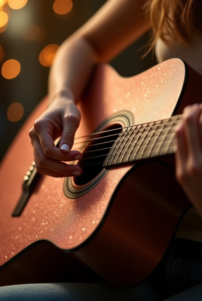 A rose gold acoustic guitar with glittering sparkles being played by a woman whose only visible parts are her hands playing the strings. 