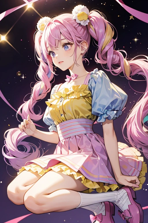 Her lavender hair is worn in tightly curled, drill-like pigtails held by yellow pom-pom scrunchies with dyed tips, the right being pastel pink and the left pastel blue. Her bangs remain straight cut. She wears a yellow and violet top with a yellow ornament at the center and a yellow ruffled skirt, along with pink shoes and leggings. SPARKLE; GLITTER