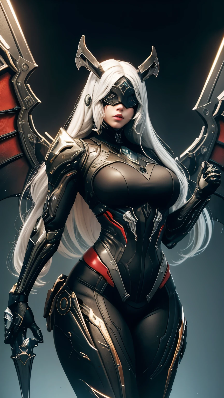 (best quality,4k,8k,highres,masterpiece:1.2),ultra-detailed, anime style, line art, slim thicc waifu:1.5, battle background, waifu, dominant expression:1.2, ((long white hair)), brown eyes, pretty, gorgeous, beautiful, long eyelashes, scars, freckles, curly hair, seductive pose, dominant, mistress, dominance, (((warframe))), cyborg, cybernetics, robotic, blindfold, devil wings, devil horns, metallic, succubus, curvy