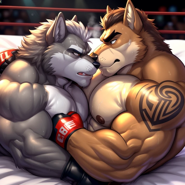 Duo male(Brown Wolf vs Gray Wolf), handsomes(handsome hairstyle, Thick eyebrows, detailed face), gay(Lying down, cuddling, body with body, wrestling at each other, face to face, kissing each other, on a private bed match), hot(Shirtless), handsomes(They are handsomes, correct anatomy), musculosos(Big muscle bodies, Six packs, muscle abs, big pecs), sweaty(very sweaty wet bodies, shiny sweat), tatuajes(they have tattoos), grumpy(Both have an grumpy expression, grumpy teeths, steaming breath), UFC gloves(They both are wearing UFC gloves), Hight resolution, by(Zourik:1.1)