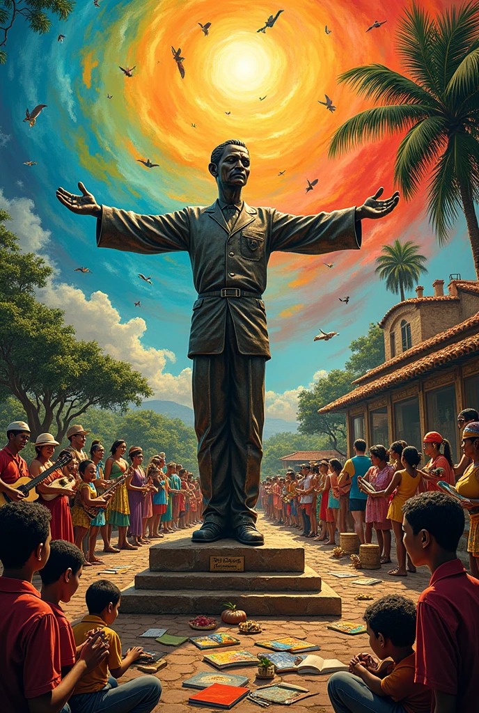 Create an image that portrays the importance of art for the Brazilian economy and education I cannot create images directly, because I am a language model. I can help you with ideas so you can request creation from an artist or image AI tool:

Idea 1: Representing Economy and Education

Central Figure: A sculpture of a famous Brazilian artist (ex: Aleijadinho) with his arms outstretched to the sides.
left side: Representing the economy - people of diverse professions (musicians, Craftsmen, designers, etc.) with their work tools, showing the variety of jobs that art generates.
right side: Representing education - children and young people in a colorful classroom, learning about Brazilian art and culture, with books and canvases in the background.

Tips for Image Description:

swirly vibrant colors: Use and abuse colors to convey the joy and richness of Brazilian culture.
Elements of Brazilian culture: Include elements like musical instruments (berimbau, tambourine), traditional dances (samba, FREVO) and folkloric characters (Saci-pererê, Curupira) to give the image an even more Brazilian touch.
sharp contrast: Explore the contrast between light and shadow to highlight the importance of art amidst social and economic challenges.