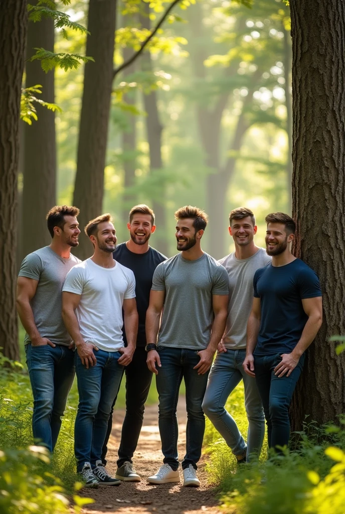 Create the image of 7 handsome and muscular guys dressed casually all between the ages of 24 and 30 years old with a forest in the background