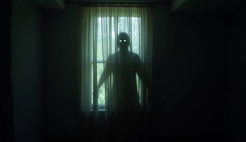"A shadowy figure standing behind a thin, tattered curtain, with a faint light casting an eerie glow, highlighting a pair of hollow, staring eyes."