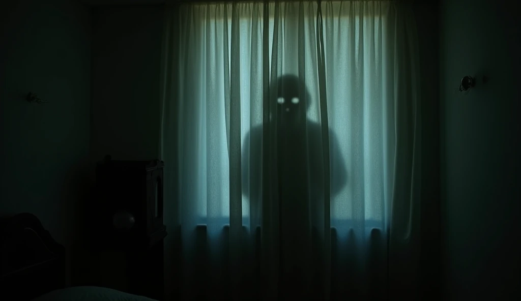 "A shadowy figure standing behind a thin, tattered curtain, with a faint light casting an eerie glow, highlighting a pair of hollow, staring eyes."