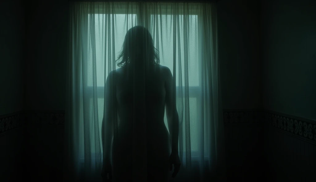 "A shadowy figure standing behind a thin, tattered curtain, with a faint light casting an eerie glow, highlighting a pair of hollow, staring eyes."