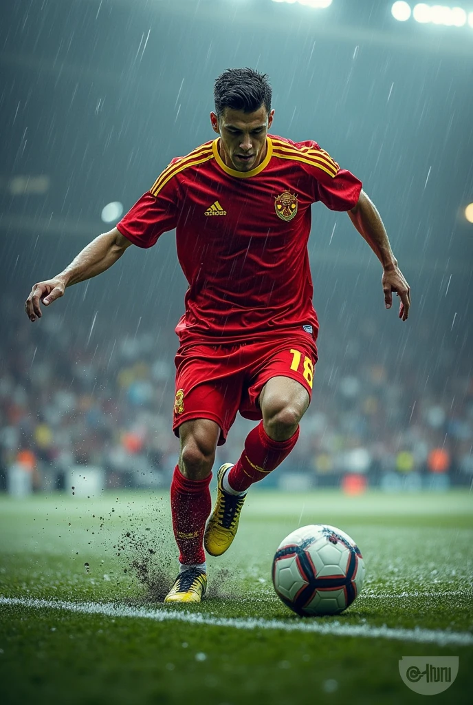 Best football player is playing football while raining and snowing 
