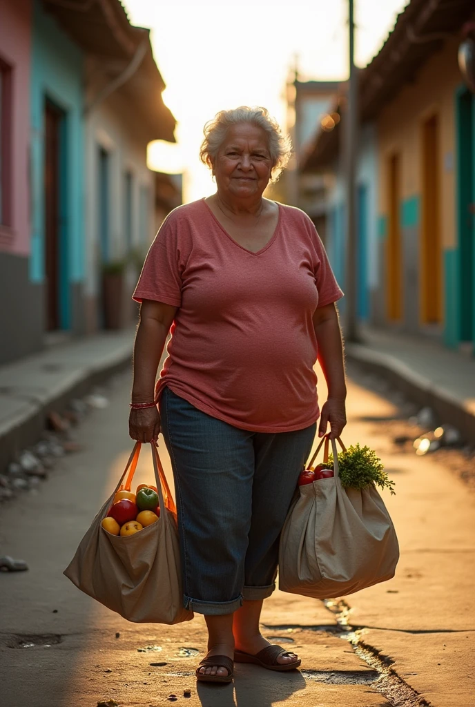 (best qualityer)), ((detailded), I want a picture of a mother of a family, she is 60 years old, short and chubby, with a body full of curves, a natural body. She is on a favela street with bags in her hand, she is She is naked