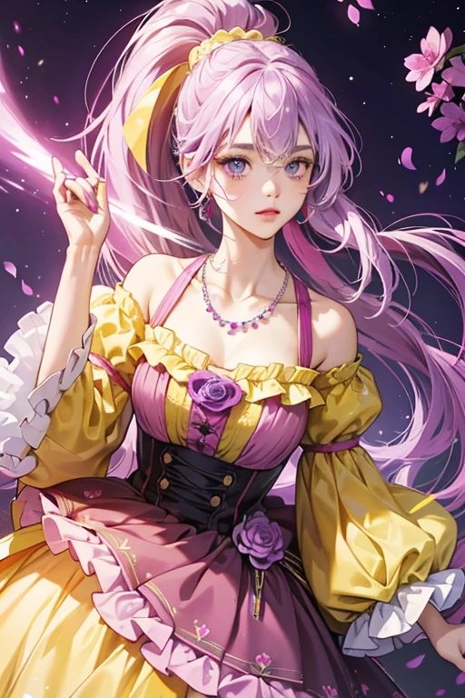 Rainbow Kate has pink lips and her light purple hair worn in a long, tightly curled ponytail with streaks of dark pink, light blue, and yellow through it. Her bangs are entirely held back and she has short curled strands by each ear. Her lilac headband is decorated with fuchsia and dark purple flowers, and a yellow ornament. She wears a magenta dress covered in yellow dots and lining, the sleeve and skirt both are in two layers, and a the chest are dark purple flowers. Her shoes are fuchsia with a dark purple flower on the side of the strap. She also has a sky blue bead necklace. SPARKLE; GLITTER