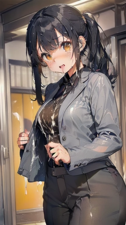 (must be follow these prompts:2.2),masterpiece,best quality,extremely detailed,(in her clothing:3.0),(in her formal styled business suit clothing:2.6),(adorable girl:2.5),(usually adorable face:2.2),(displayed one girl on single picture:2.4),(black hair:2.1),(lower height:2.3),(A small, curvy new employee working in modern Tokyo wearing a dark grey business suit jacket and trousers:2.3),(A cute girl-like moan echoes:2.2),(The new recruit was covered in thick, concentrated semen that had repeatedly soaked into his dark grey suit, turning it amber-coloured, and he became very smelly and dirty.:1.6),(The new employee was wearing a business suit that had been ejaculated on a long time ago, leaving a very light, amber-colored stain that was smeared with varying shades of color.:1.6),(その新入社員はfirst time々It gives a cute and innocent impression.:2.4),(The new employee's entire body was oozing with the slimy secretions that accompany sexual climax.:2.2),(The new employee's breasts, covered by her business suit, are swelling with intense lust.:2.4),(The new employee succumbed to her sexual desire and played with her clitoris through her pants.:1.8),(libidonous tumultus are makes sensuous reaction of her body:2.1),(she was sank into the depth of irresistible low passion:1.6),(viscous drips on her suit like a hunny dipping:2.4),(The new employee's love juices were dripping down the inside thighs of her dark grey trousers.:2.2),(in her clothing massively ejaculated:2.2),(men's elected twangers were inserted her:2.3),(The new employee with a plump, round body smells like semen:2.3),(she was already stroked up to the depth intervaginal sensual spot:2.3),(notably buldged up her inner labia majora:2.9),(A young, shy moan:1.5),(having big breasts in her clothing:2.6),(A new employee with an innocent look working in the office:2.3),(The new employee is short but has a slightly plump body.:2.1),(The crotch of his dark grey trousers is discolored with love juice stains.:2.5),(The new employee is convulsing and dripping love juice from her pussy, which is hidden under her pants.:1.8),(The new employee's dark grey trousers, which hug her plump thighs, are damp with lascivious secretions.:2.0),(The new employee endures the slush between his legs by continuing to wear his dark grey trousers.:2.1),(A new employee who is always holding his crotch over his dark grey trousers:1.7),(A moan filled with childish embarrassment:1.5),(The new employee's suit-covered breasts and nipples are bulging with lust.:1.8),(The new employee has a very lewd body hidden under her clothes.:2.2),(The new employee works very diligently.:2.5),(The new employee has short, thick legs.:2.2),(first time々New Employees:2.2),(she looks like japanese idol:2.3),(The dark grey trousers are made from a durable fabric that will never tear.:2.3),(she looks like a ta:2.0),(All of this happened to the new employee himself, not anyone else.:3.1),(tough business suit:2.2),(Make sure to depict the face:5.3),(Calm expression:4.3),(Innocent face:3),(The story focuses on just that one new employee.:3.3),(The only characters that appear are the new recruits.:4.2),(Portrait Style:5)