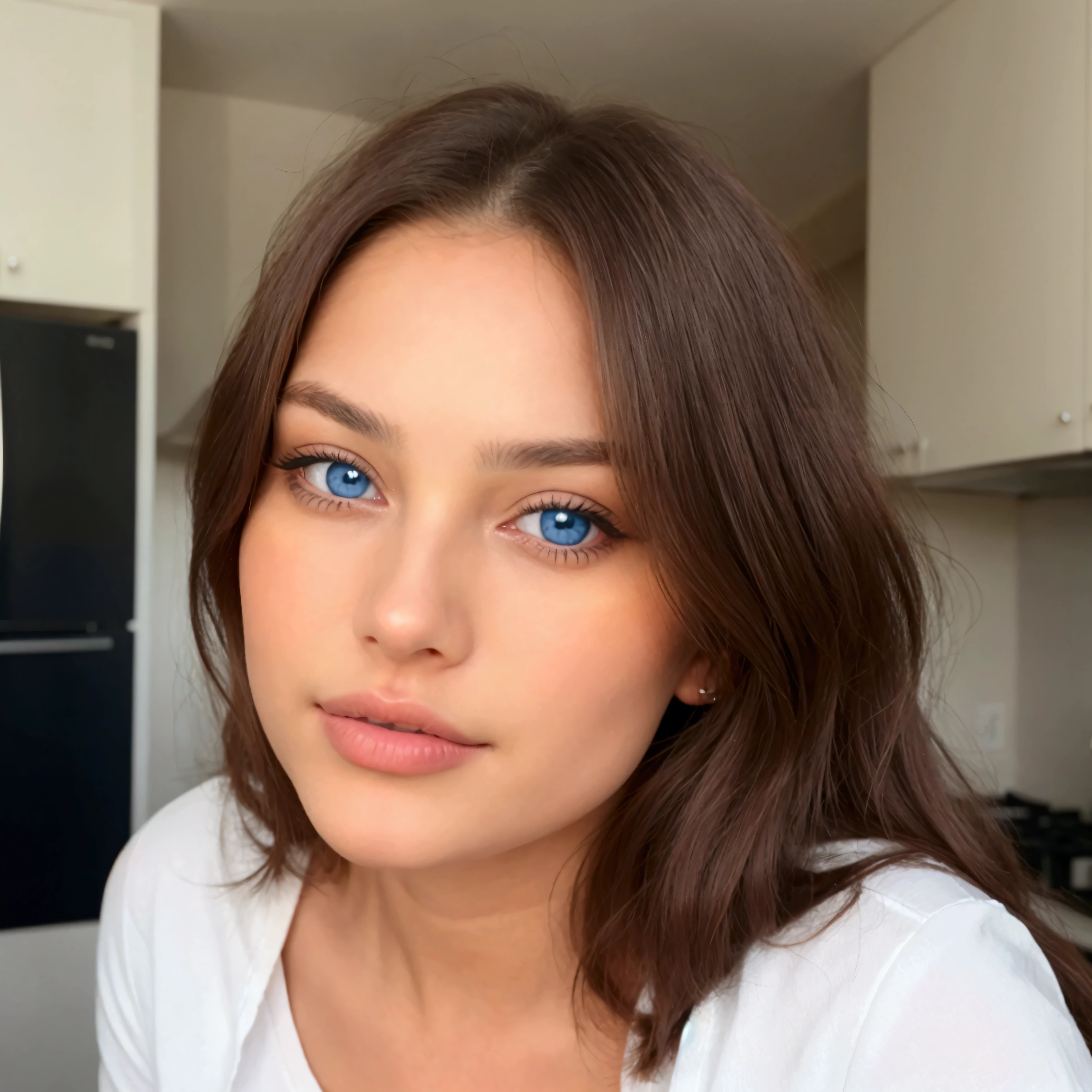 A happy, full body beautiful photo of the most beautiful  26 yo woman, natural beauty, no makeup with pale skin,  
  model body,
  beautiful brunette girl
  She has expressive, almond-shaped eyes,(fox-shaped eyes), (blue eyes),
  highly detailed eyes,
  big breast: 1.1, 
  
  long wavy rich brown hair, blue eyes, hollow cheeks,  in a kitchen  in a white jeans and white shirt(Ultra details, High Quality) super realistic, normal photo