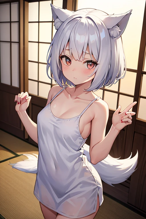 One Girl cute Petite breasts are slightly larger The legs are very thin Wolf ears White Shorthair The background is inside a Japanese room camisole Embarrassed face
