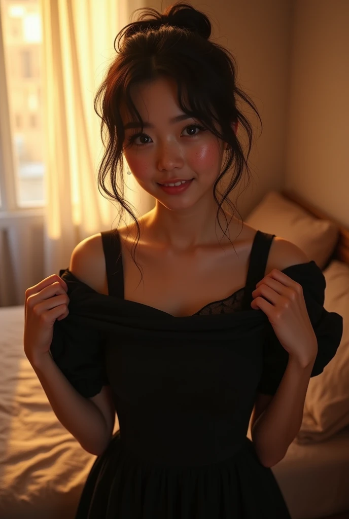 (photorealism:1.2), shoot from the upper angle, inside apartment, bed in the background, golden hour, beautiful woman, freckles on face, pale skin, jet black hair, ponytail without bangs, short ponytail, black eyes, black milkmaid dress, warm color, cheerful face, youthful face, holding a black shirt