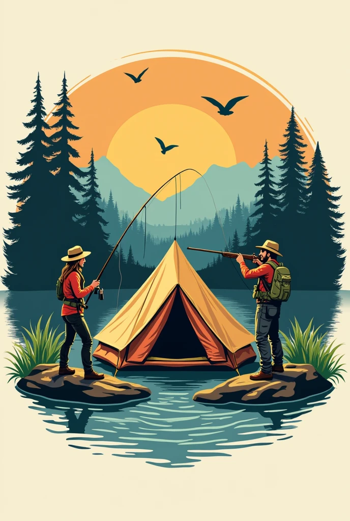 Create a logo for fishing, hunting and camping where in the middle of the image is a tent, on one side a woman fishing and on the other a man hunting or