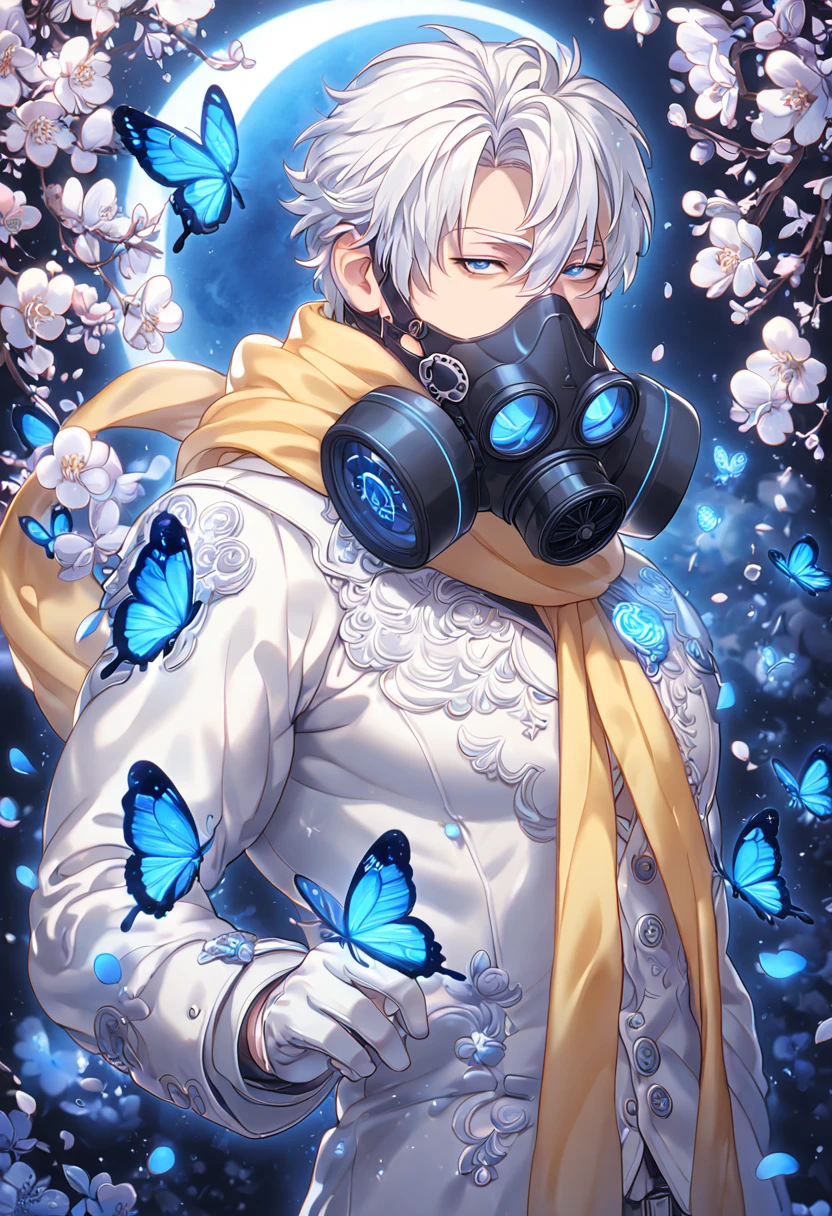 absurdres, highres, ultra detailed, HDR, master piece, best quality, extremely detailed, Clear, white hair, wearing a black gas mask, Dramatical Murder, solo, sexy man, handsome, manly man, sensual, horny, white coat, white shirt, yellow scarf, white gloves, fantasy, magical, blue moon, blue flowers, blue butterflies, blue petals, blossoms, water
